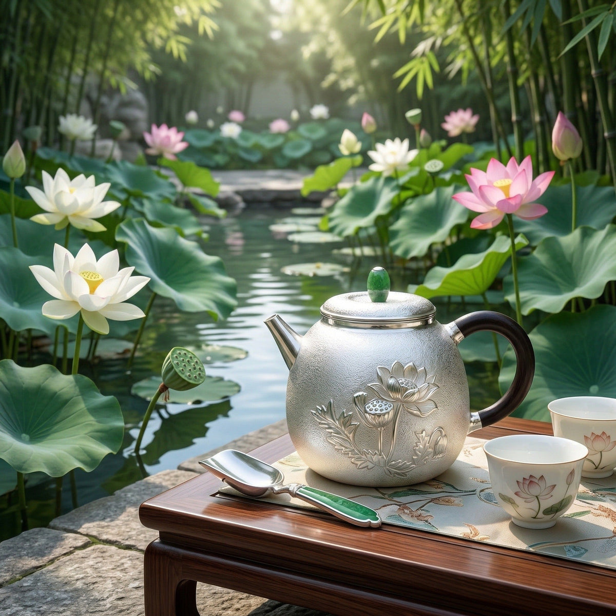 925 Sterling Silver Elegant  Teapot with Floral Engraving and Emerald Gemstone-exquisite handmade teapot - Handicraft