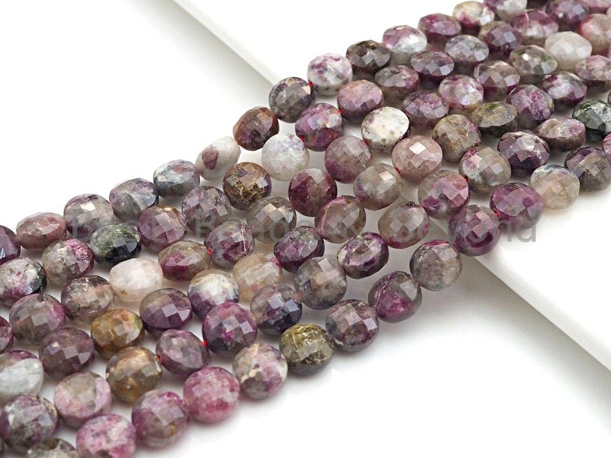 High Quality Natural Checkerboard Cut Tourmaline Coin Shape beads, 6mm/8mm Turble Shell Cut Pink Tourmaline Beads, 16" Full strand, sku#UA52