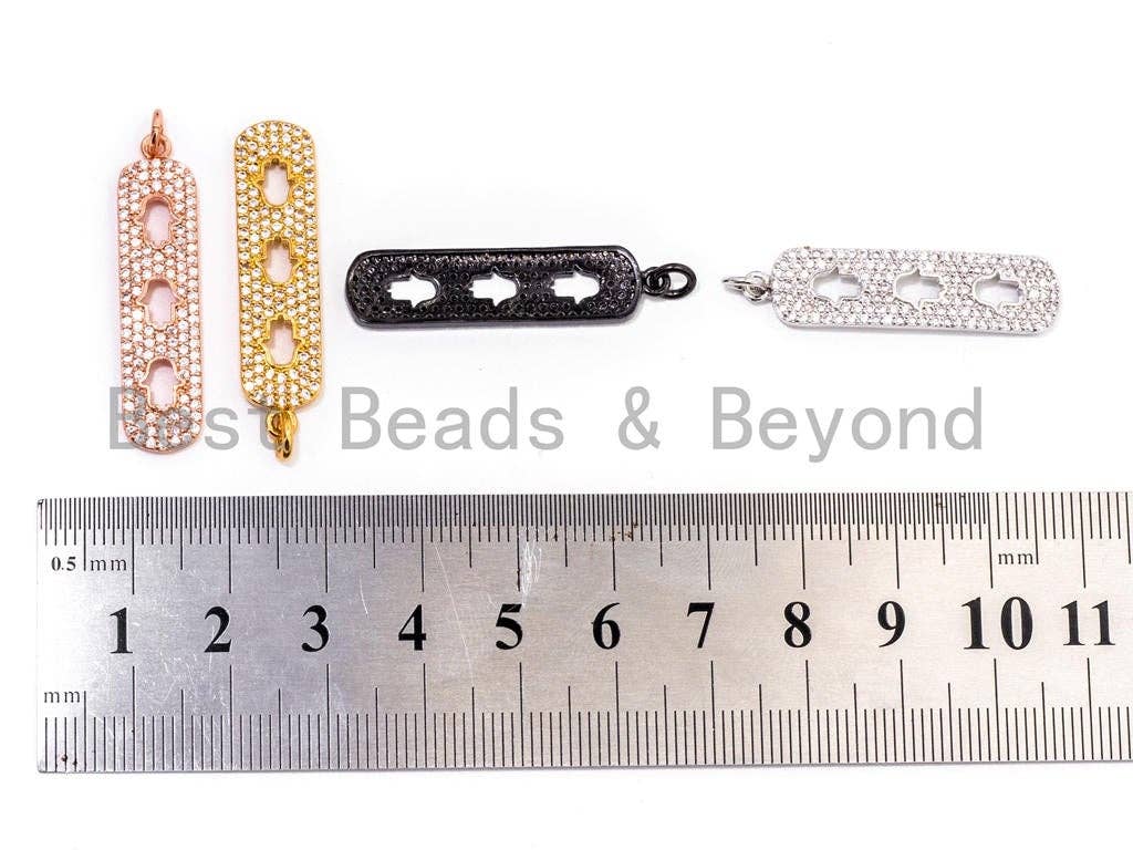CZ Micro Pave Rectangle Pendant/Charm with 3 little Hollow Hamsa Hand, Cubic Zirconia Pave Bar Pendant, 8x34mm, sku#F203