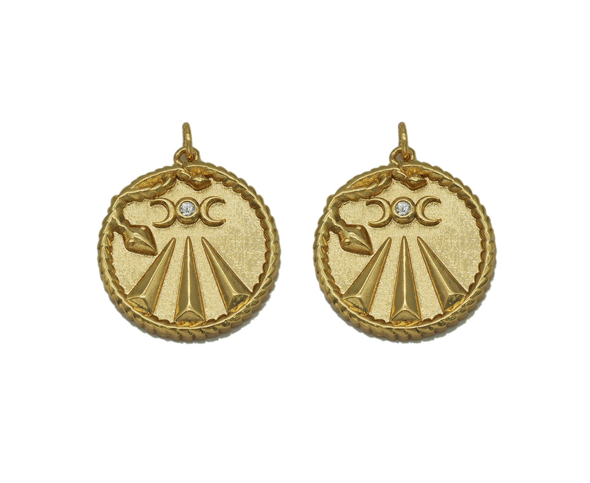 Gold CZ Embossed Snake On Round Coin Charm, Sku#F1501C