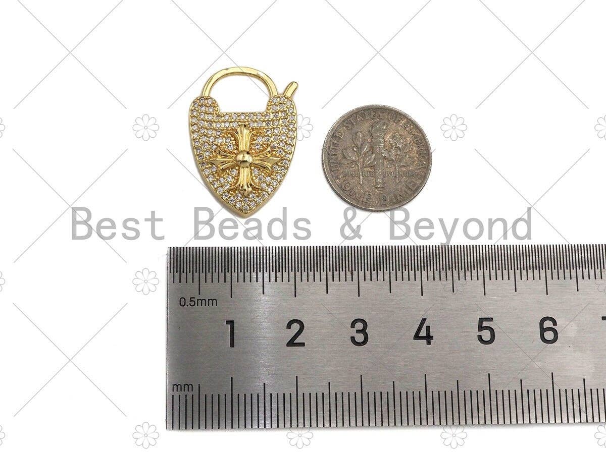 18K Gold Cross On Heart Fancy Lock Clasp, CZ Micro Pave Lock