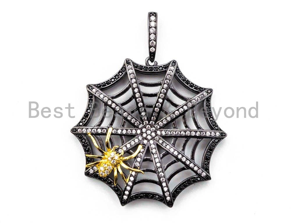 CZ Micro Pave Spide Web Pendant, CZ Spider Halloween Charm, Silver/Gold/Rose Gold/Gunmetal Color, 37x46mm, 1pc,SKU#F299