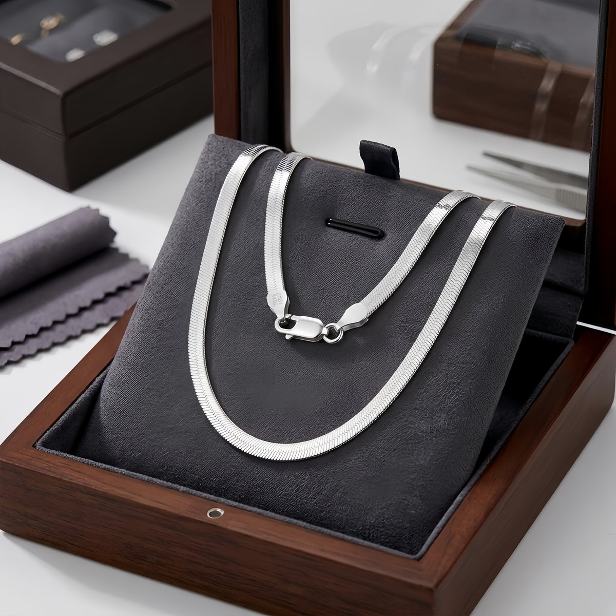 925 Sterling Silver Elegant  Herringbone Chain Necklace with Secure Lobster Clasp