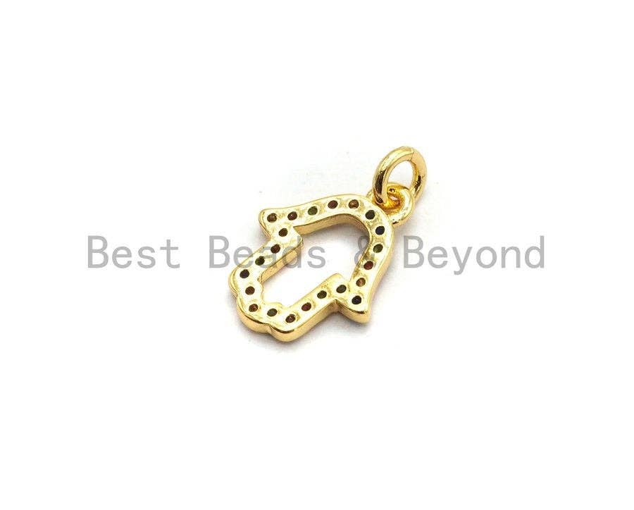 Cute CZ Colorful Micro Pave Hollow Hamsa Hand Pendant, Hamsa Hand Shaped Pave Pendant, Gold plated, 9x12mm, Sku#F733