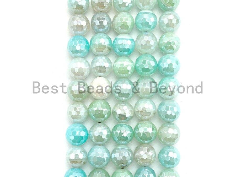 Mystic Plated Faceted Agate Beads,6mm/8mm/10mm/12mm, Ice Blue White Agate Beads,15.5" Full Strand, SKU#U443
