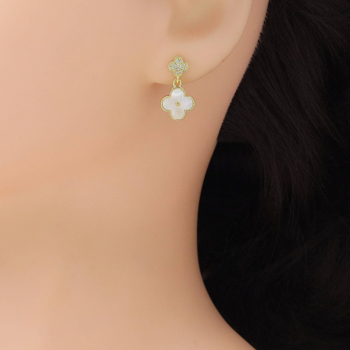 Clear CZ Mop Flower clover Shape Gold Stud Earrings, Sku#LK961