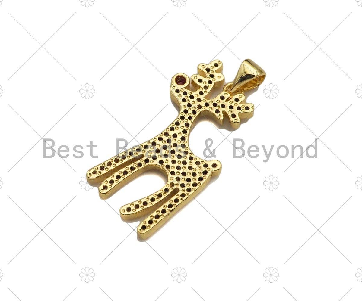 CZ Micro Pave 18k Gold Reindeer Shape Pendant, Cubic Zirconia Pendant, Christmas Charm, CZ Micro Pave Pendant, 28x14mm, Sku#LK209