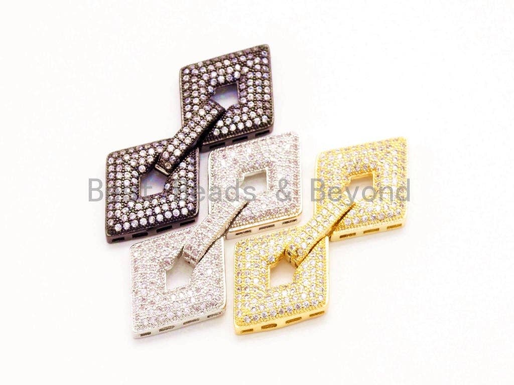 CZ Micro Pave Double Diamond Fold Over Multi-Stand Clasp, Cubic Zirconia Buckle Clasps,17x42mm,1pc, sku#H13