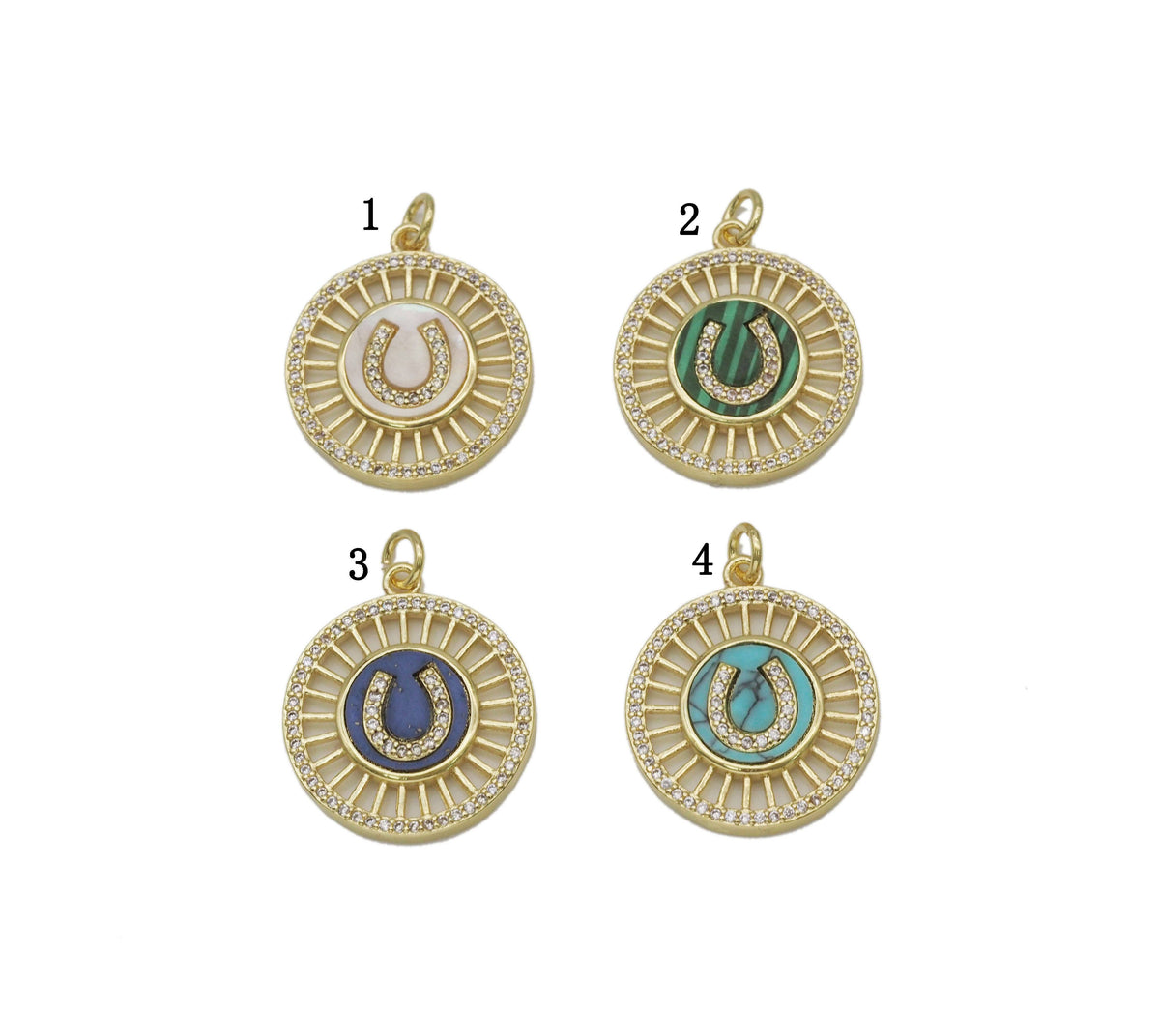 Gold CZ Horseshoe U Shape On Round Coin Charm, Sku#L695