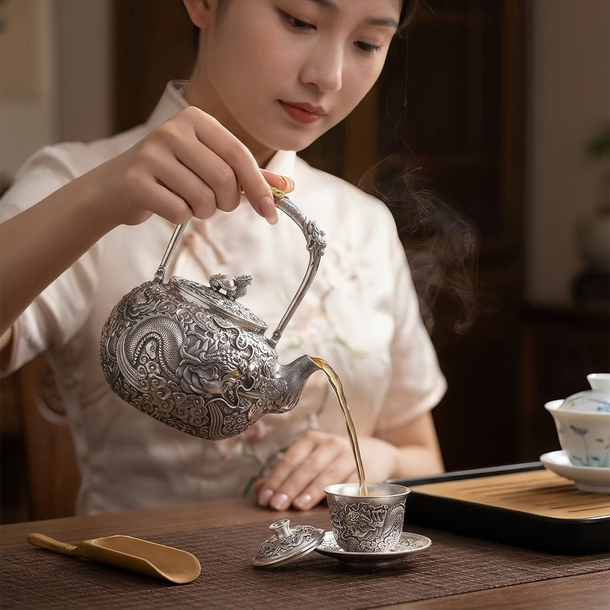 Pure 999 Fine Silver Elaborate Hand-Carved Silver Teapot with Majestic Dragon Motif and Ornate High Handle - Handicraft