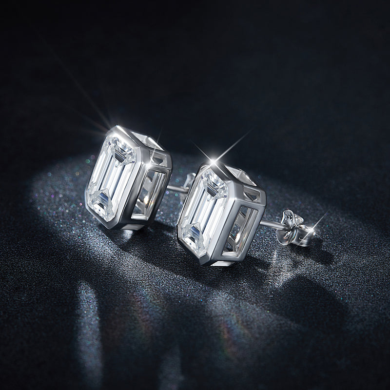 S925 Sterling Silver 8x10mm Emerald Cut Moissanite Stud Earrings  Platinum Plated Geometric Bezel With GRA Certificate Jewelry Gift Box Set