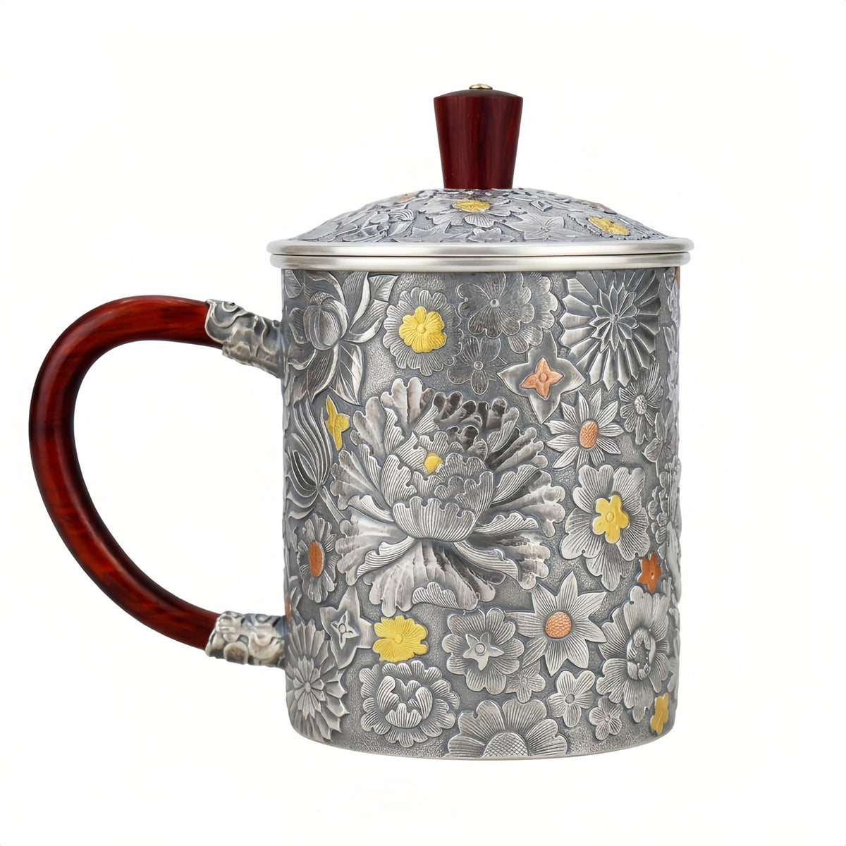 Pure 999 Fine Silver Handcrafted Floral Embossed Silver Tea Mug with Elegant Wood Accents - Handicraft