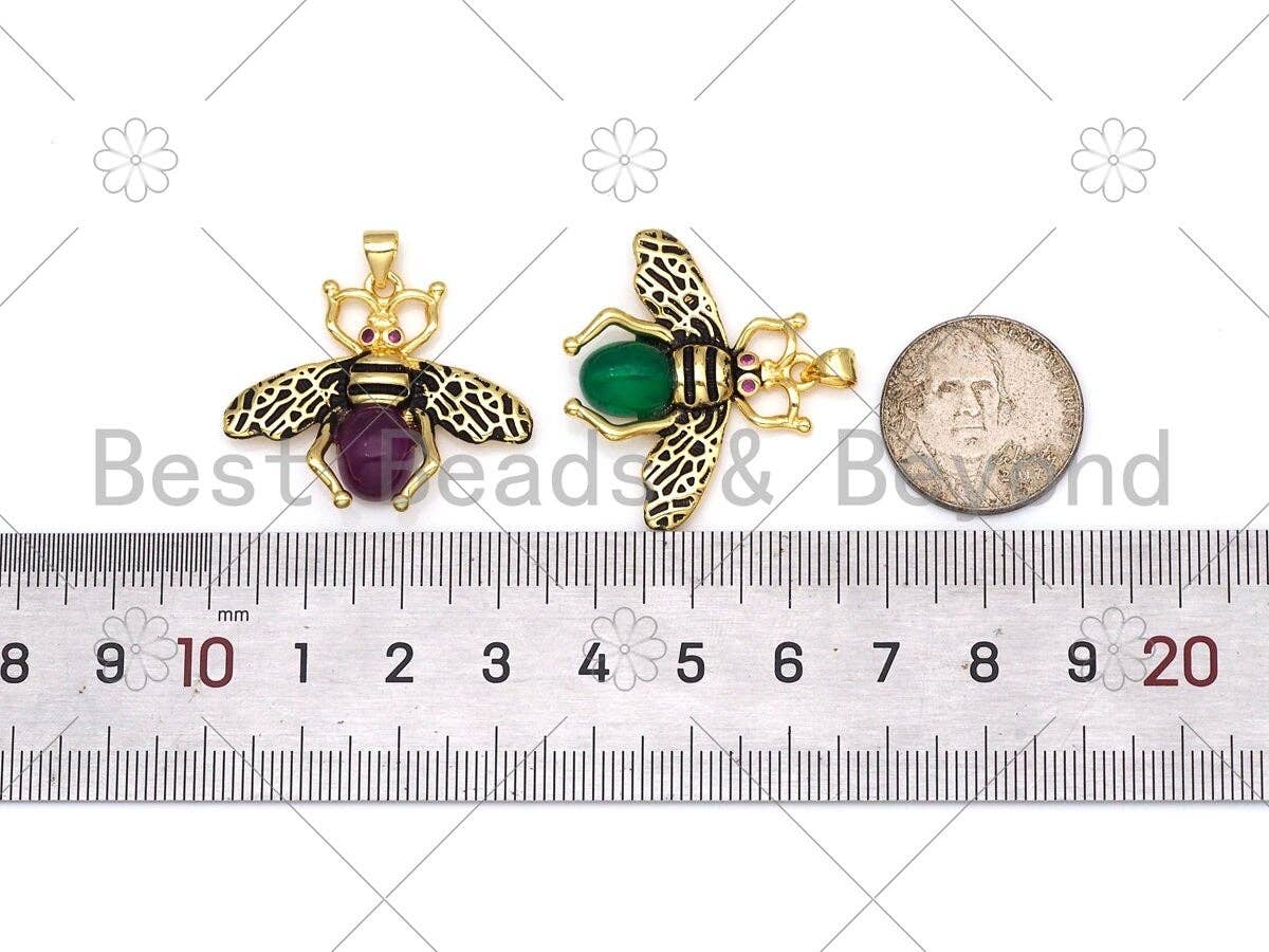 Colorful Glass Bee with Fuchsia CZ Eye  Shape Pendant,18K Gold Filled Bee Charm, Necklace Bracelet Charm Pendant, 32x27mm, Sku#FH179