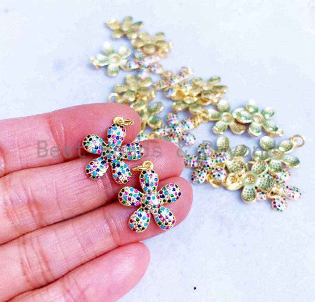 16mm Multicolor CZ Pave Daisy Flower Pendant,Cubic Zirconia Paved Flower Charm Gold plated, sku#LM84C