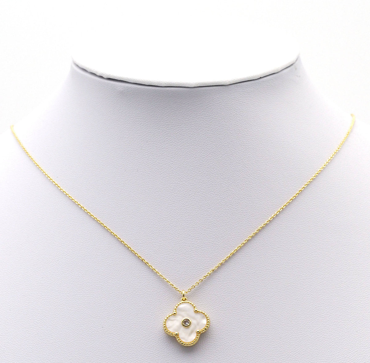 White Mother of Pearl Clover Stud Earrings and Necklace set, Sku#FH207