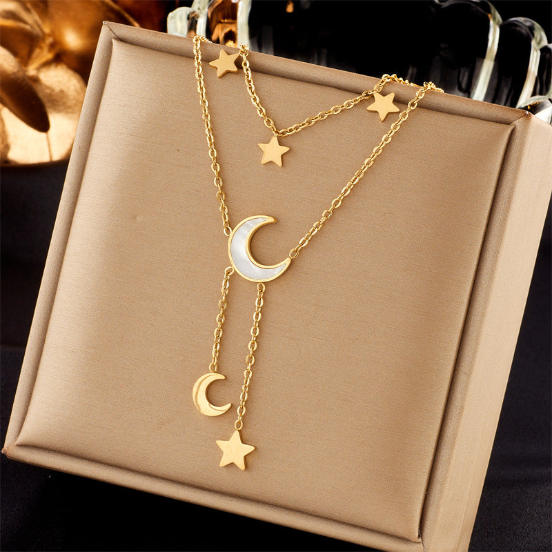 European And American Retro Butterfly Pearl Double-Layered Necklace For Women, Cross-Border Light Luxury Niche Stainless Steel Gold-Plated Jewelry Necklace