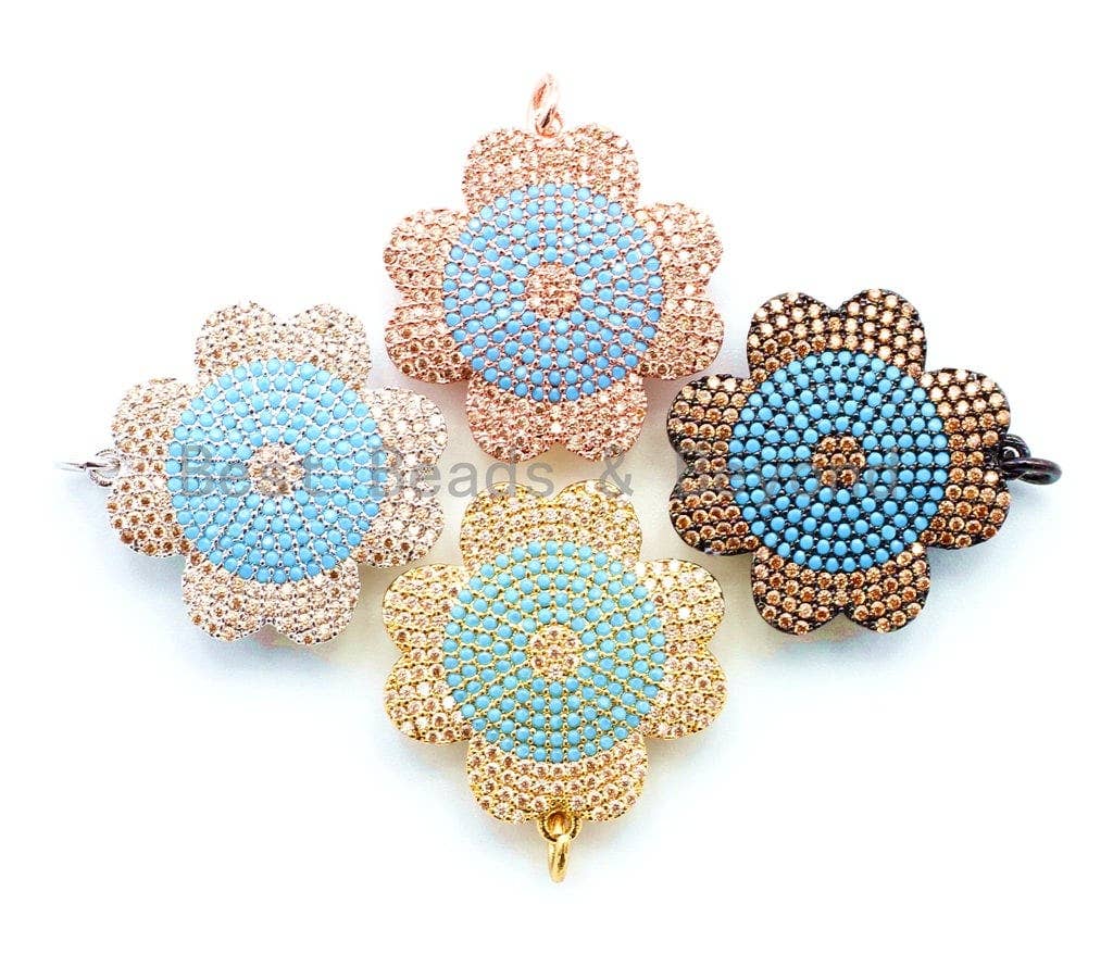 CZ Micro Pave Turquoise Flower Pendant, Cubic Zirconia Pendant, 23mm, SKU#F25C