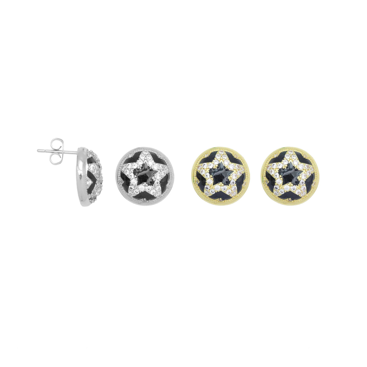 CZ Black Enamel Star On Round Stud Earrings, Sku#A396