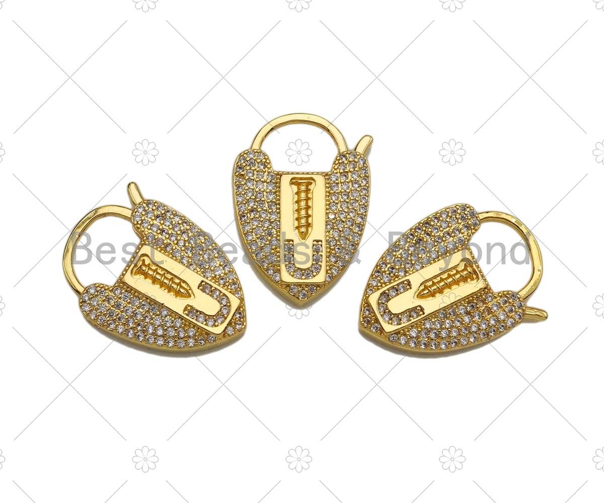 CZ Micro Pave Screw U Heart Padlock Clasp,Screw U Padlock Clasp, Gold Charm Pendant, Padlock Necklace Charms Connector, 17x25mm, Sku#K165