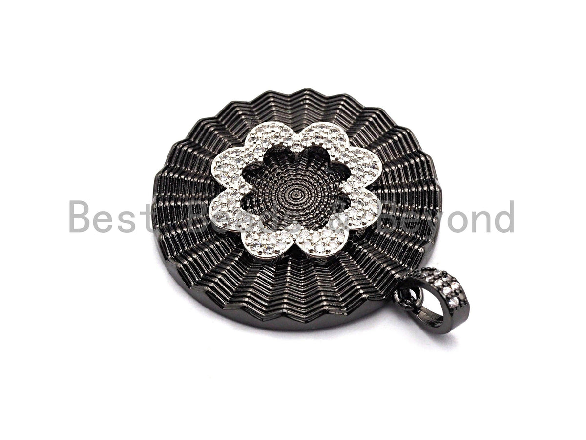 CZ Clear/Black Micro Pave Round With Flower Pendant, CZ Pave Pendant, Gold/Rose Gold/Silver/Gunmetal plated, 36x38mm, Sku#F772