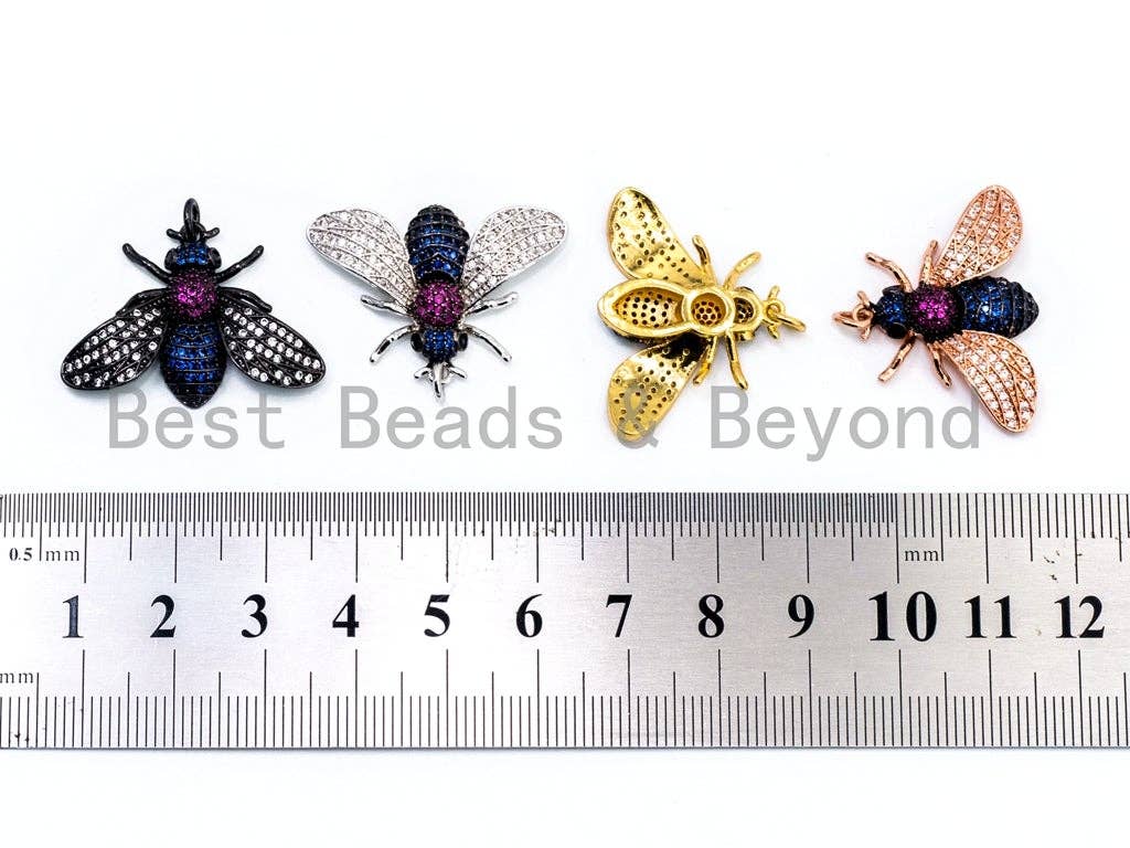BEE Inspired Charm, CZ Micro Pave Multi Color Insect Pendant, Cubic Zirconia Pendant,Gold/Rose Gold/Silver/Black,21x29x5mm,SKU#F454