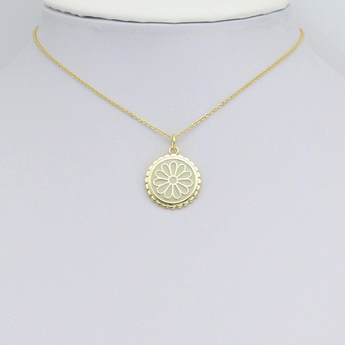 White Enamel Flower On Round Gold Charm Pendant, Sku#LX802
