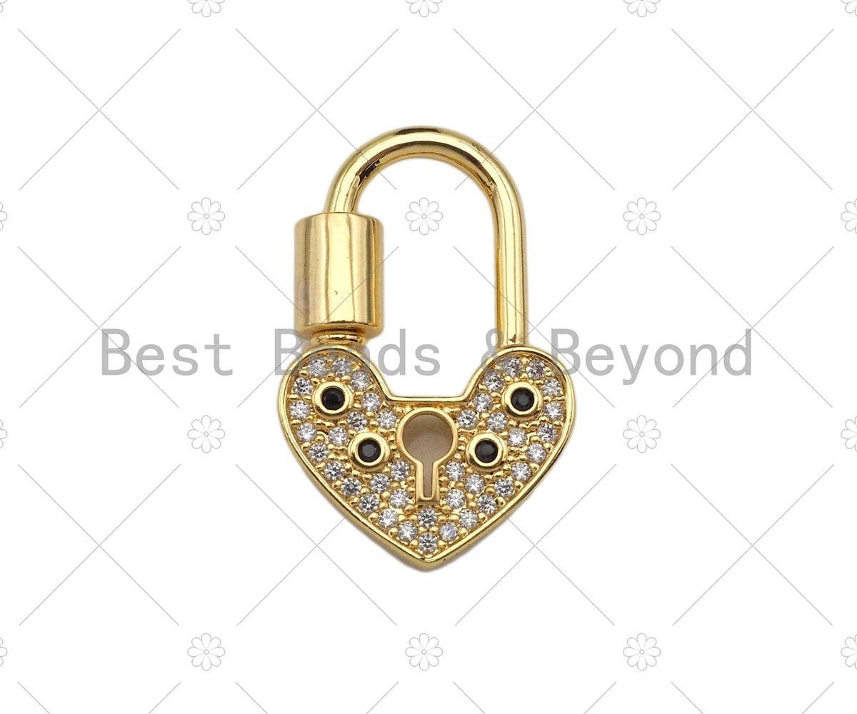 18K Gold Black Clear CZ Micro Pave Key Heart Lock Clasp, Gold Heart Padlock Charm, Heart Shape Clasp,Pave Lock,17x28mm,sku#K144
