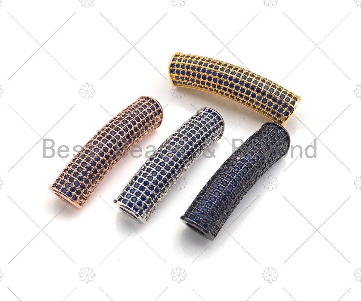 Cobalt CZ Micro Pave Half Full Pave Tube for Bracelet/Necklace, CZ Spacer Tube in Silver/Gold/Rose Gold/Black, Tube Beads, 38x8mm,sku#ML13