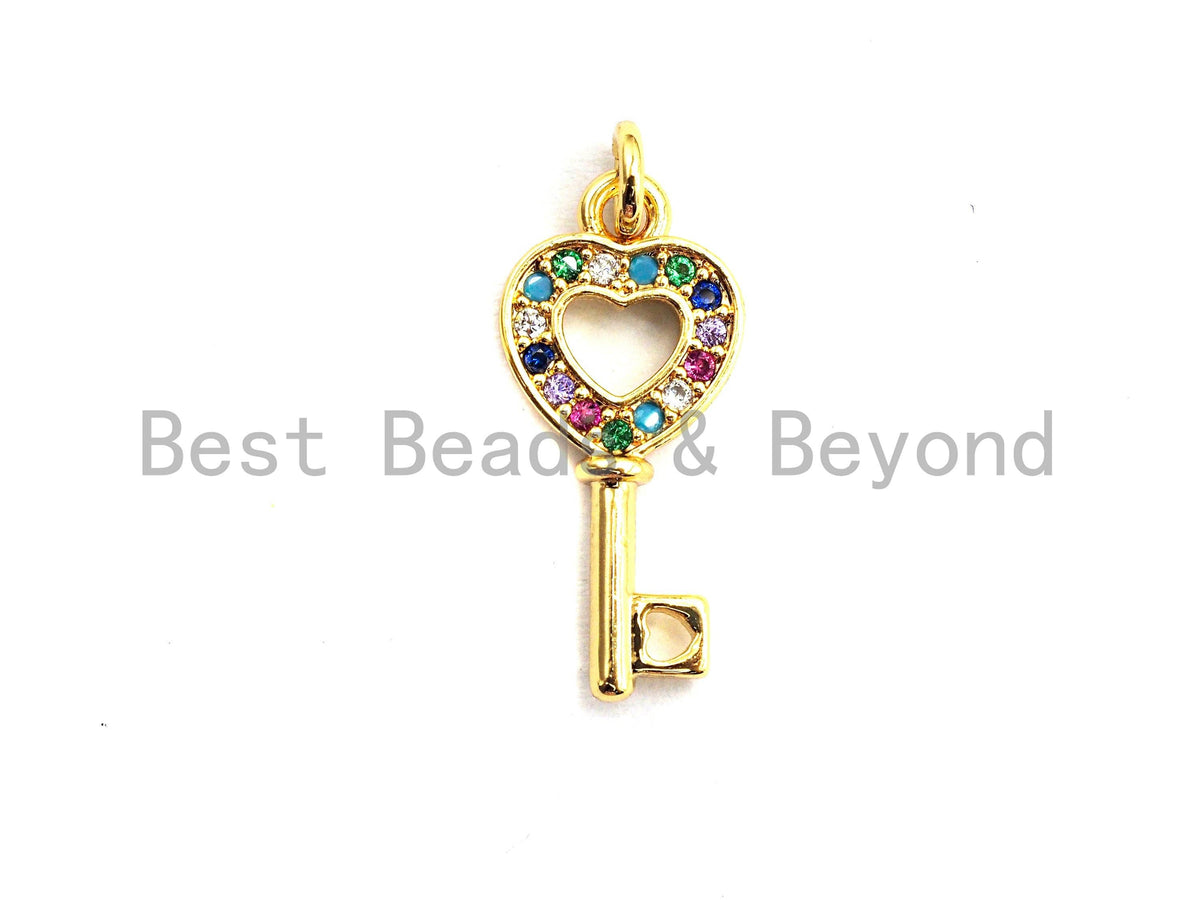CZ Colorful Micro Pave Heart Shape Key Charm Pendant, Key Sh