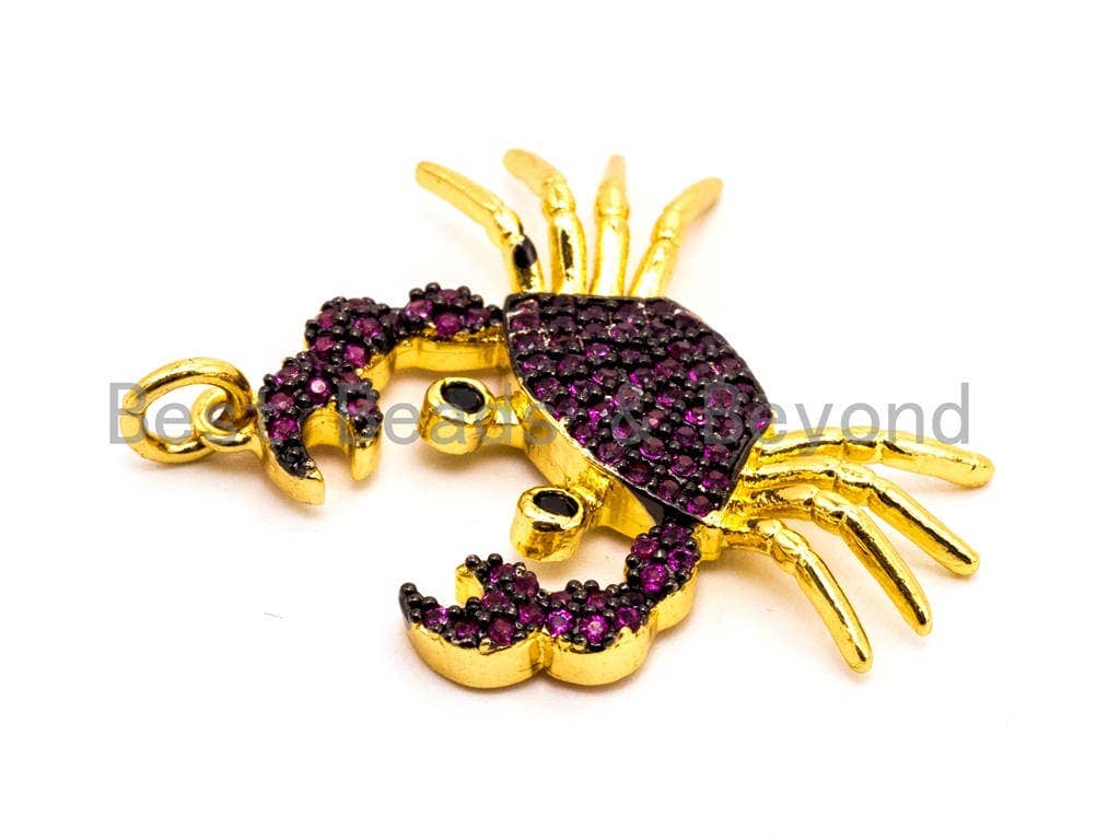 CRAB Inspired Charm, CZ Micro Pave Fuchsia/Black/Turquoise/Cobalt/Blue Crab Pendant, Cubic Zirconia Pendant,Gold Plated,23x28x3mm,SKU#F449