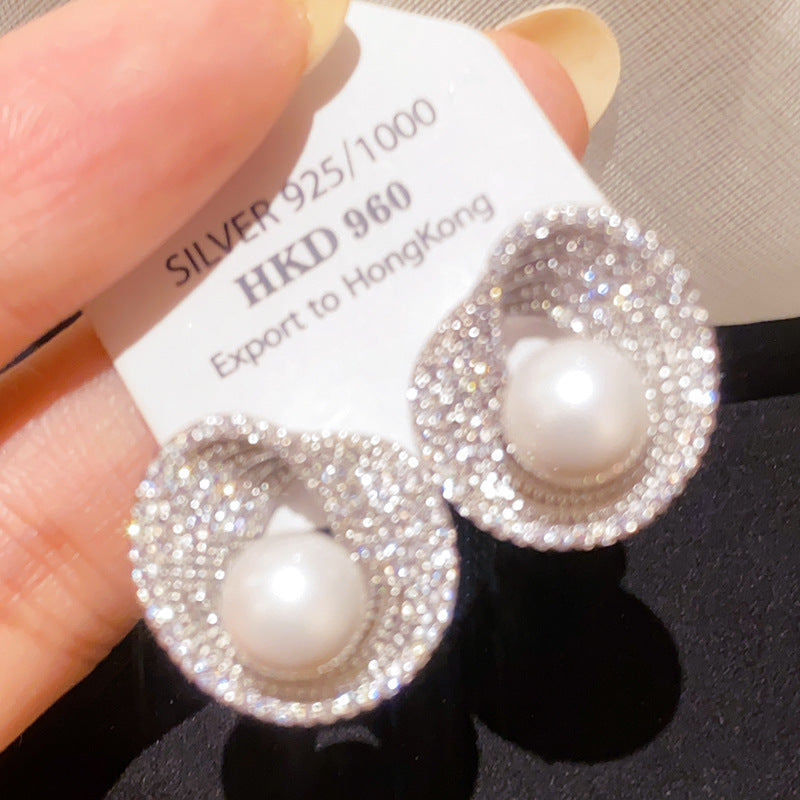 Silver Needle Zircon Irregular Round Pearl Fashionable All-Match Earrings