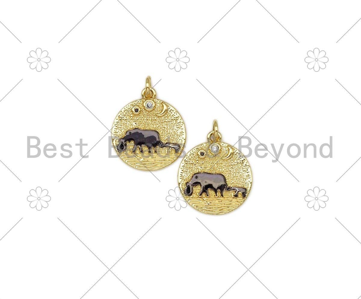 Black Enamel Elephant Mom And Baby On Round Coin Shape Pendant,18K Gold Filled Moon Star CZ Charm,Necklace Bracelet Pendant,18x21mm,Sku#L614C