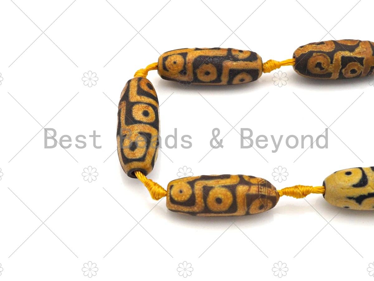 Natural Tibetan Agate Barrel Beads, Yellow Black Dzi Drum Beads, Tibetan Dzi Beads, Matt Agate,10x30mm, Sku#U1043