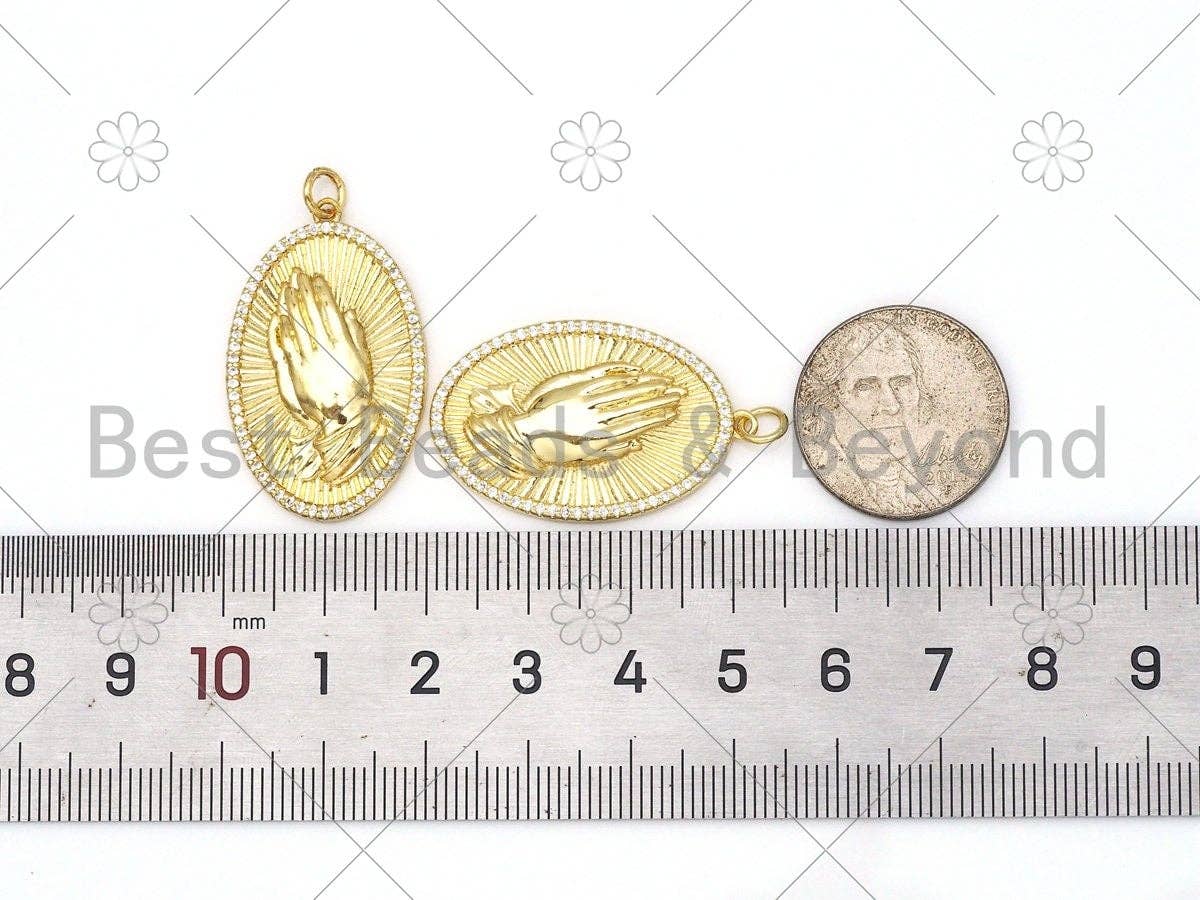 CZ Micro Pave Praying Hands Oval Shape Pendant, Gold Filled Oval Pendant, Praying hands charm, 20x32mm,Sku#L607