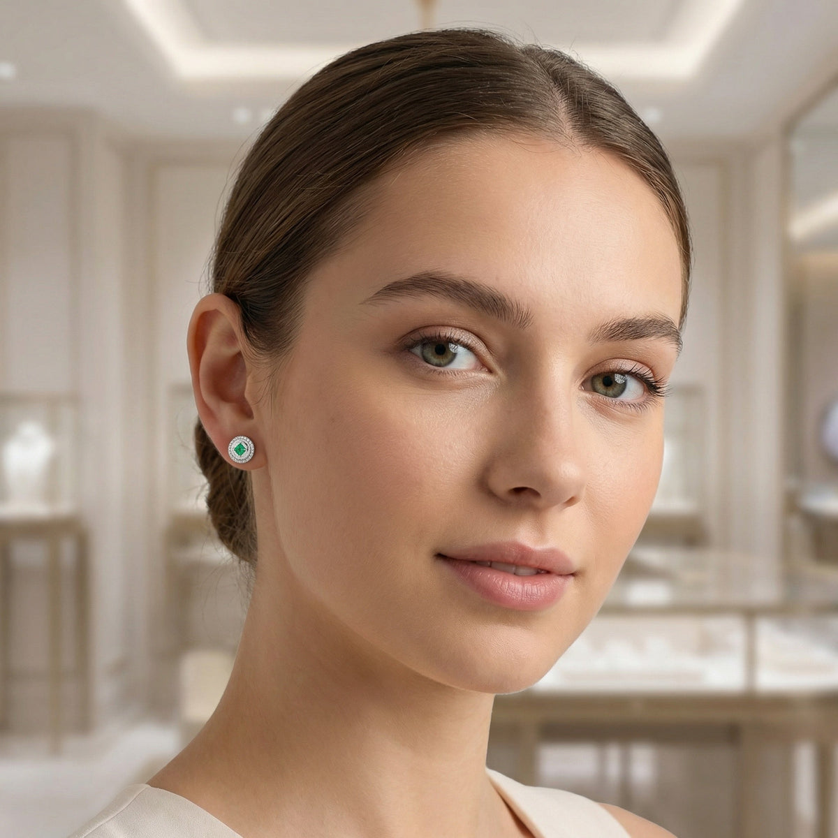 925 Sterling Silver Elegant Round Green Gemstone Stud Earrings with Sparkling Halo