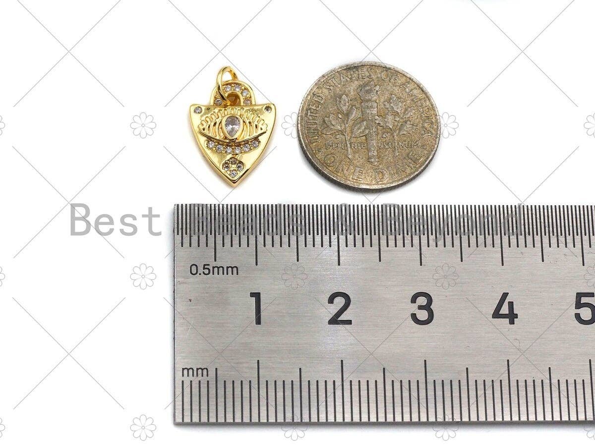 Dainty CZ Micro Pave Evil Eye On Shield Shape Charm/Pendant, Heart Shape Charm, Gold Lock Pendant, Gold plated charm, 13x11mm, Sku#JL11
