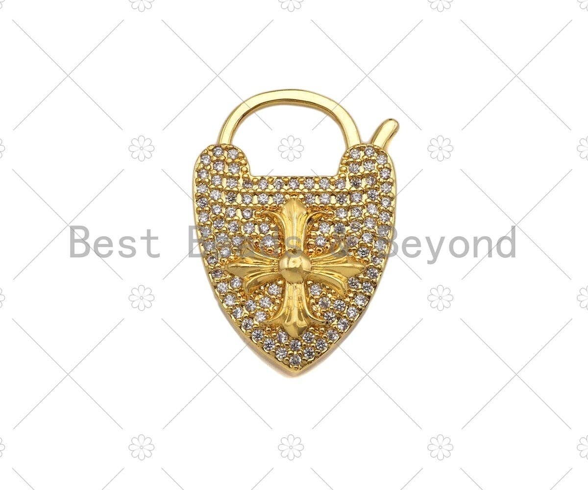 18K Gold Cross On Heart Fancy Lock Clasp, CZ Micro Pave Lock