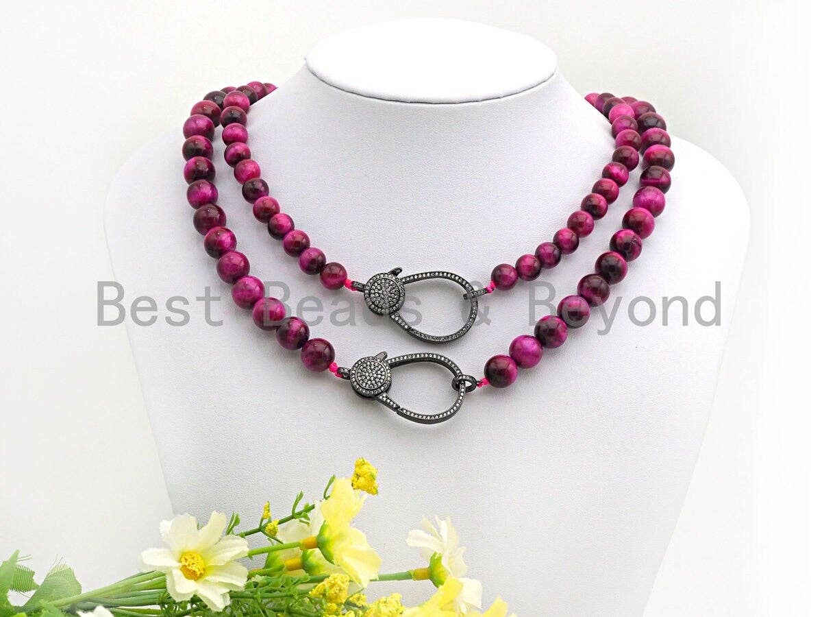 PINK Tiger eye Attachment Necklace with Large CZ Pave Gunmetal clasp, 16/18 long, sku#D40