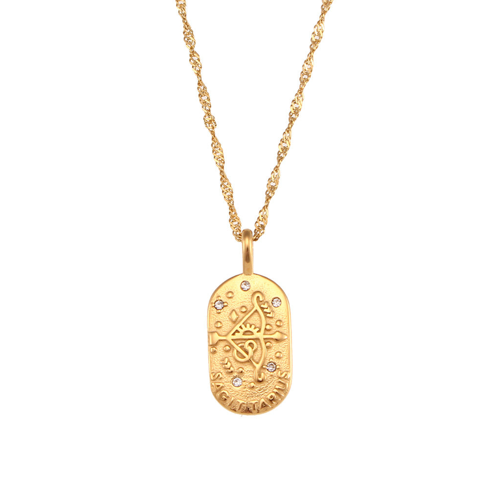 European And American Ins Fashion Minimalist Retro Pendant Jewelry Stainless Steel Cast Oval Brand Zircon Constellation Necklace