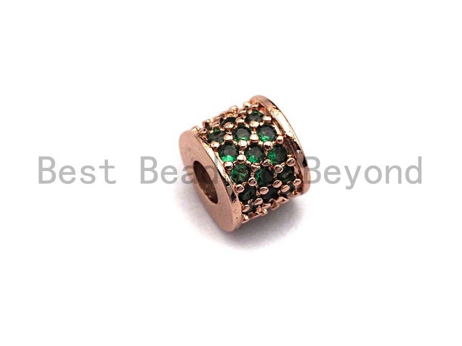 CZ Big Hole Drum Barrel Green Micro Pave Spacer Beads, Gold/Rose Gold/Silver/Black Cubic Zirconia Spacer Beads, DIY Jewelry, 6x7mm, sku#X47