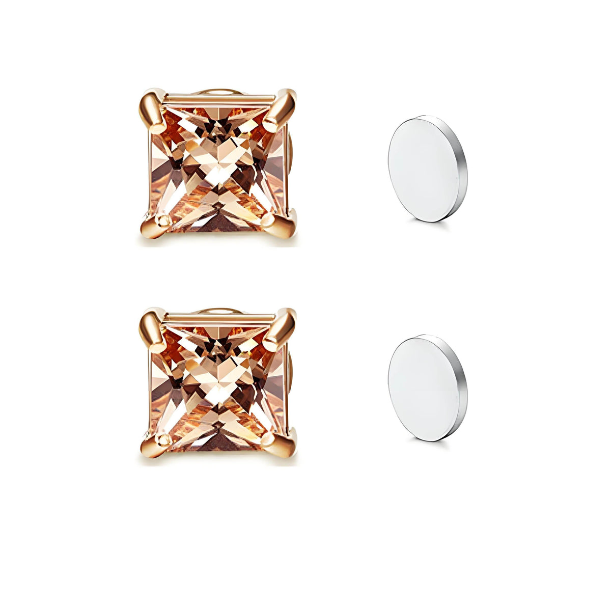 Magnetic Princess Cut CZ Stud Earrings for Men Women, Non-Piercing Clip On Studs, 6/8mm Square Cubic Zirconia Stainless Steel