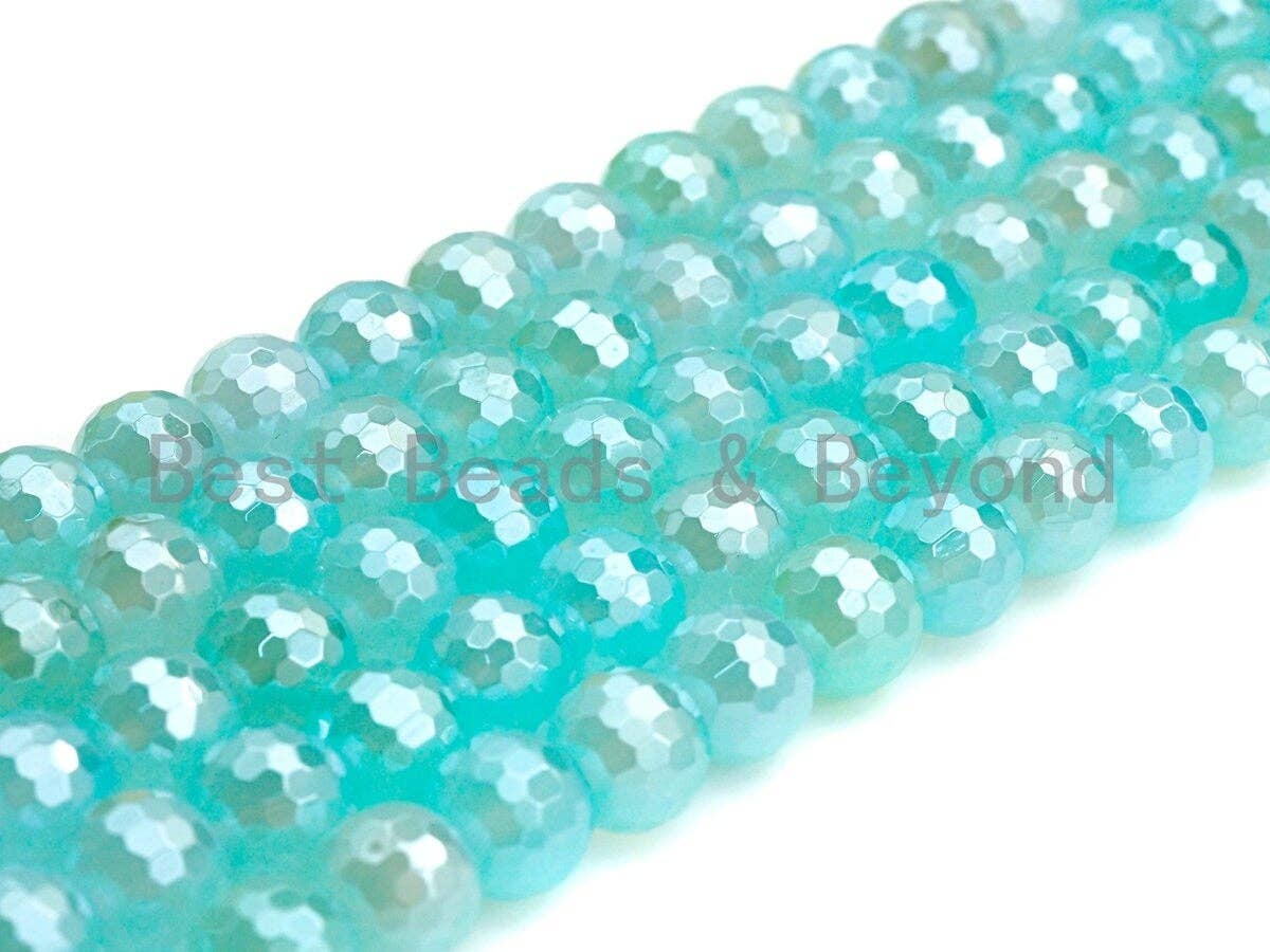 Mystic Plated Natural Icy Blue Agate Beads, Round Facted 6mm/8mm/10mm/12mm Icy Blue Agate, 15.5" Full Strand, sku#U623