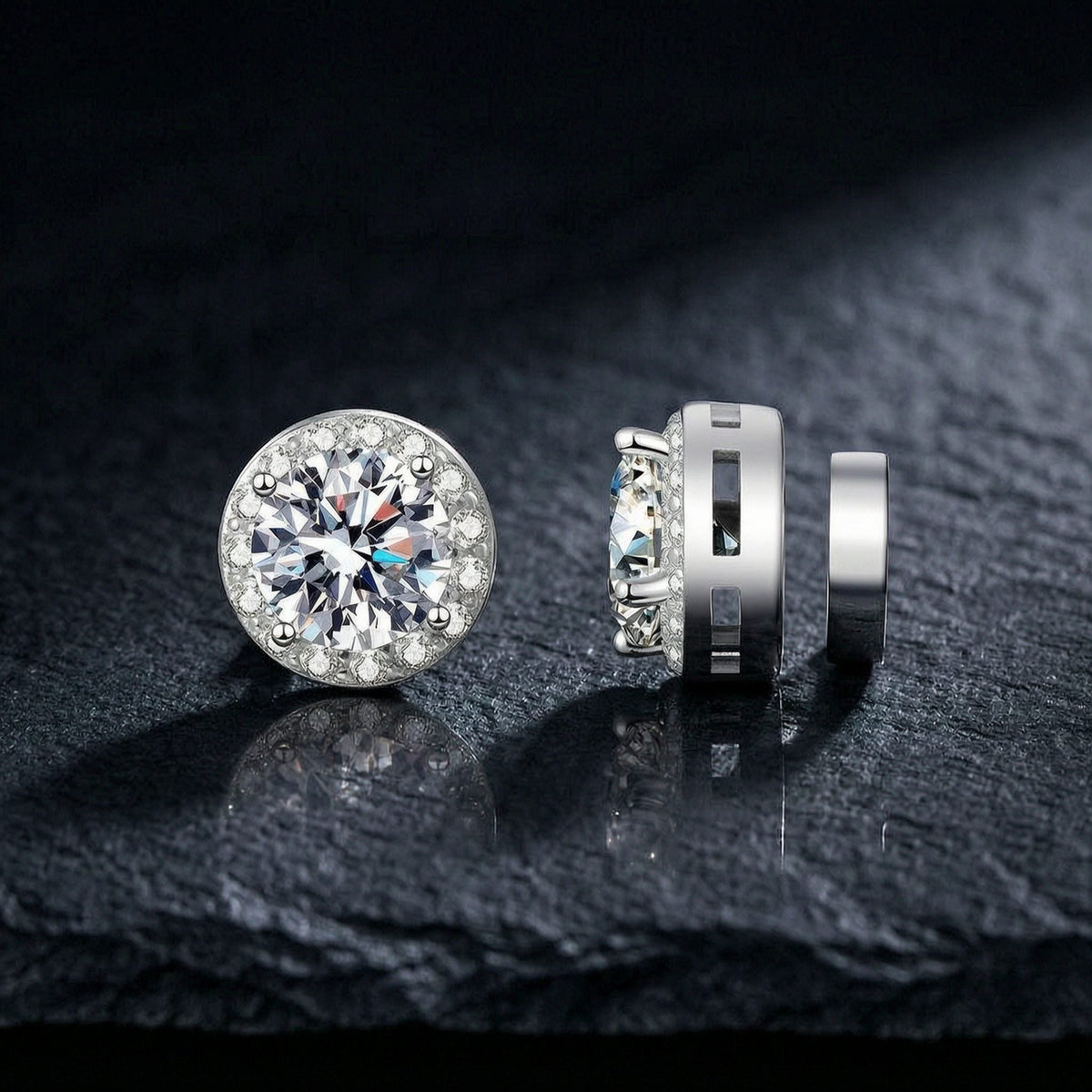 S925 Magnetic Moissanite / CZ Round Halo Stud Earrings for Men Women, 1ct 6.5mm Round Cut, Inlaid Magnetic Earrings Non-Piercing Clip On Stud Earring
