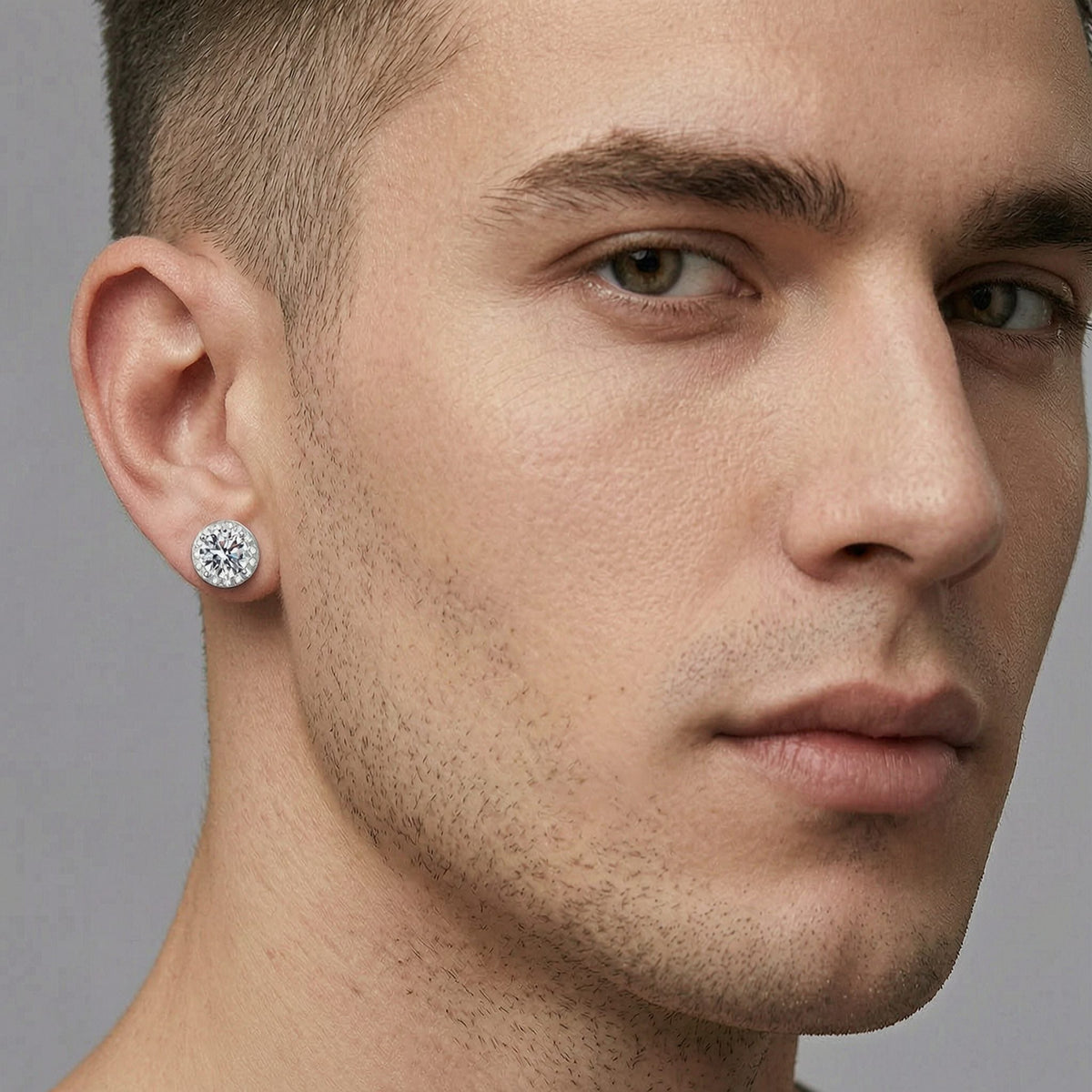 S925 Magnetic Moissanite / CZ Round Halo Stud Earrings for Men Women, 1ct 6.5mm Round Cut, Inlaid Magnetic Earrings Non-Piercing Clip On Stud Earring