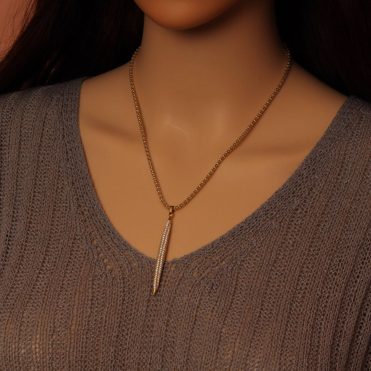 Gold Silver box Chain CZ Long Spike Bar Pendant  Necklace, Sku#A180