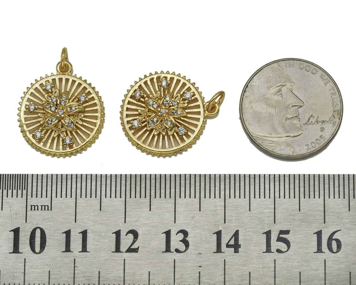 CZ Flower On Hollow Out Round Charm, Sku#F1488