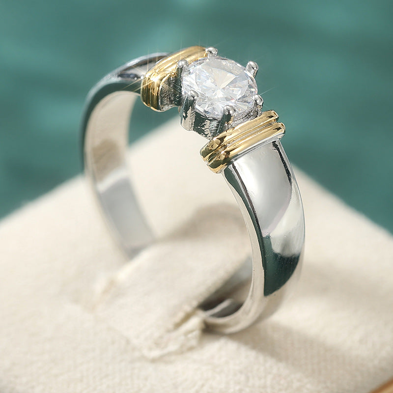 Minimalist Two-tone Inlaid Round Zircon Fashion Ring For Women