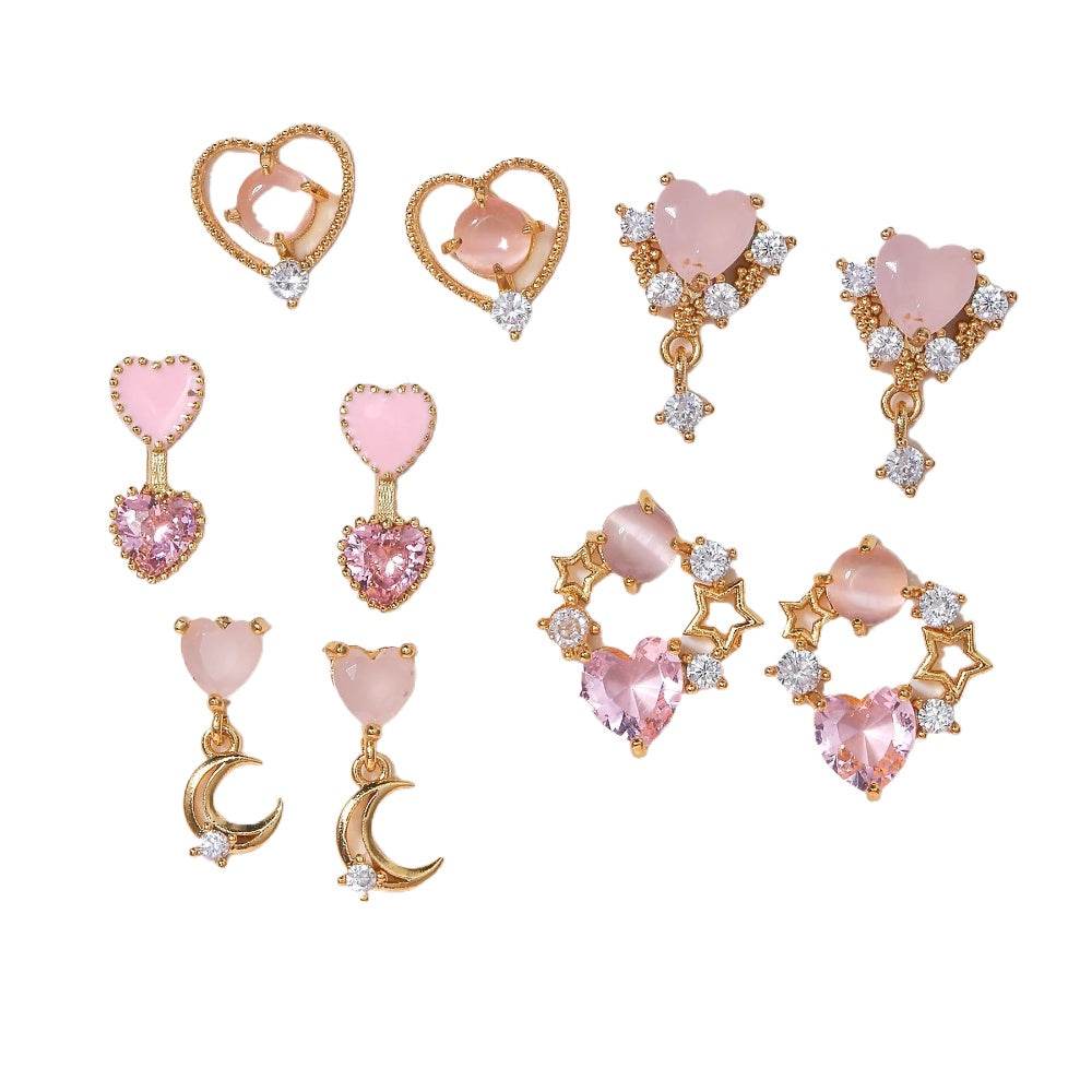 16 Pairs Pink Heart Stud Hoop Huggies Drop Earrings Set, 18K Gold Plated Stacking CZ & Pearl Designs, Planet Snowflake Moon Star | Cubic Zirconia