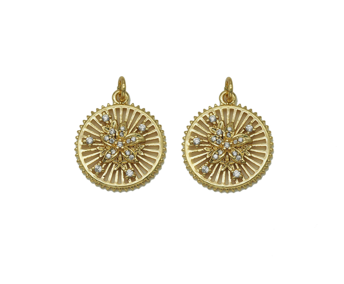 CZ Flower On Hollow Out Round Charm, Sku#F1488