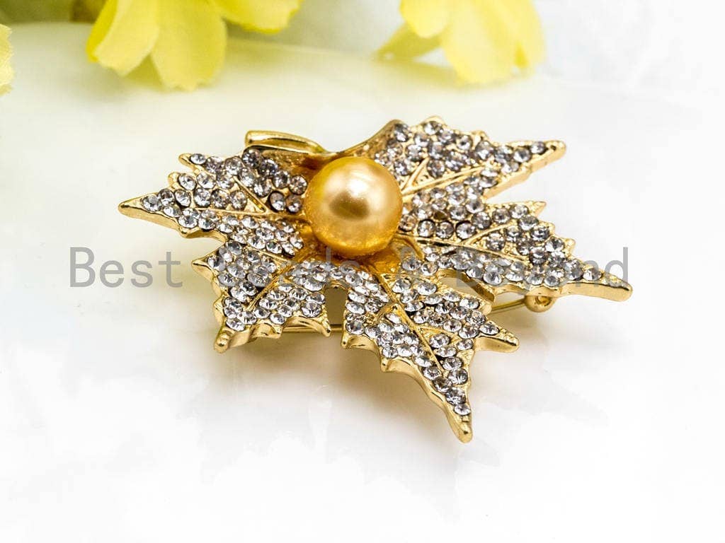 Vintage CZ Micro Pave Maple Leaf Brooch Pin, Sku#P35